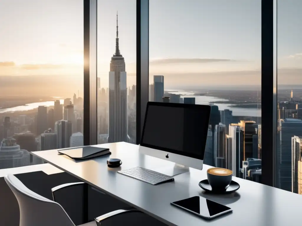 Escritorio minimalista con vista panorámica Escritorio minimalista con vista panorámica de la ciudad, reflejando éxito y la importancia de la ética en el marketing de afiliados