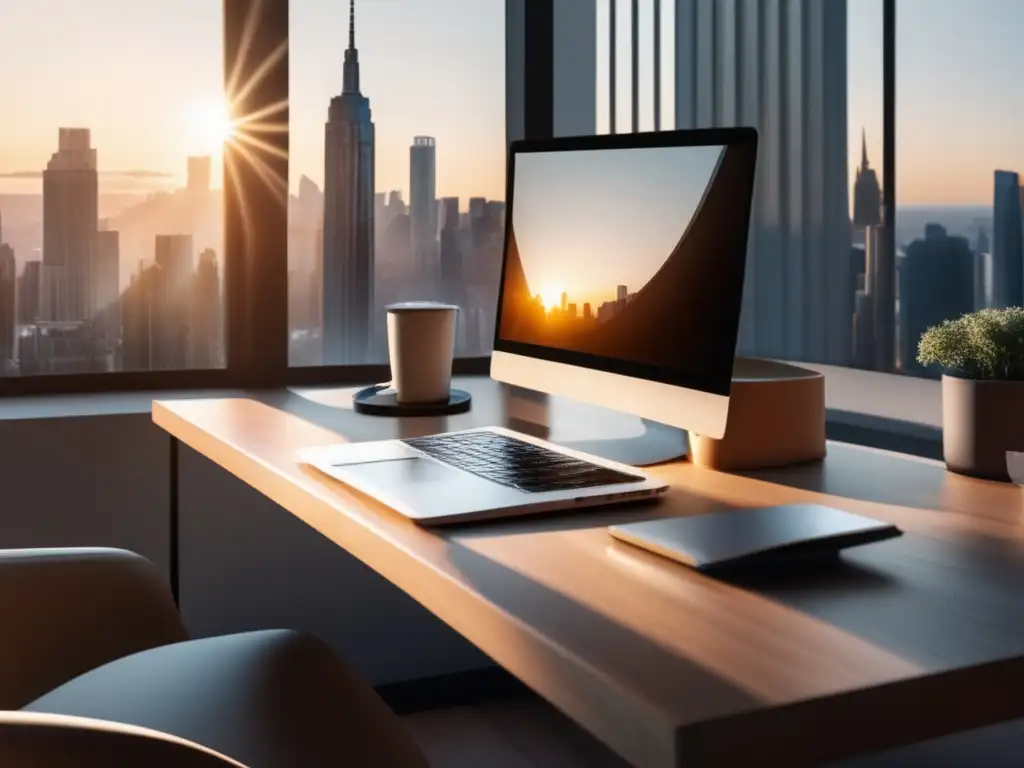 Espacio de trabajo minimalista y profesional Espacio de trabajo minimalista con escritorio de madera clara, ordenado y con vista panorámica de ciudad