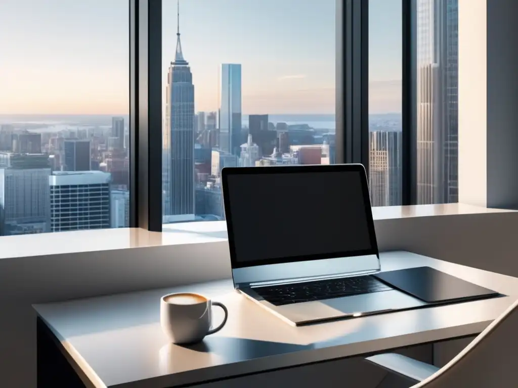 Espacio de trabajo minimalista con ventana Espacio de trabajo minimalista con ventana panorámica, laptop, cuaderno y café