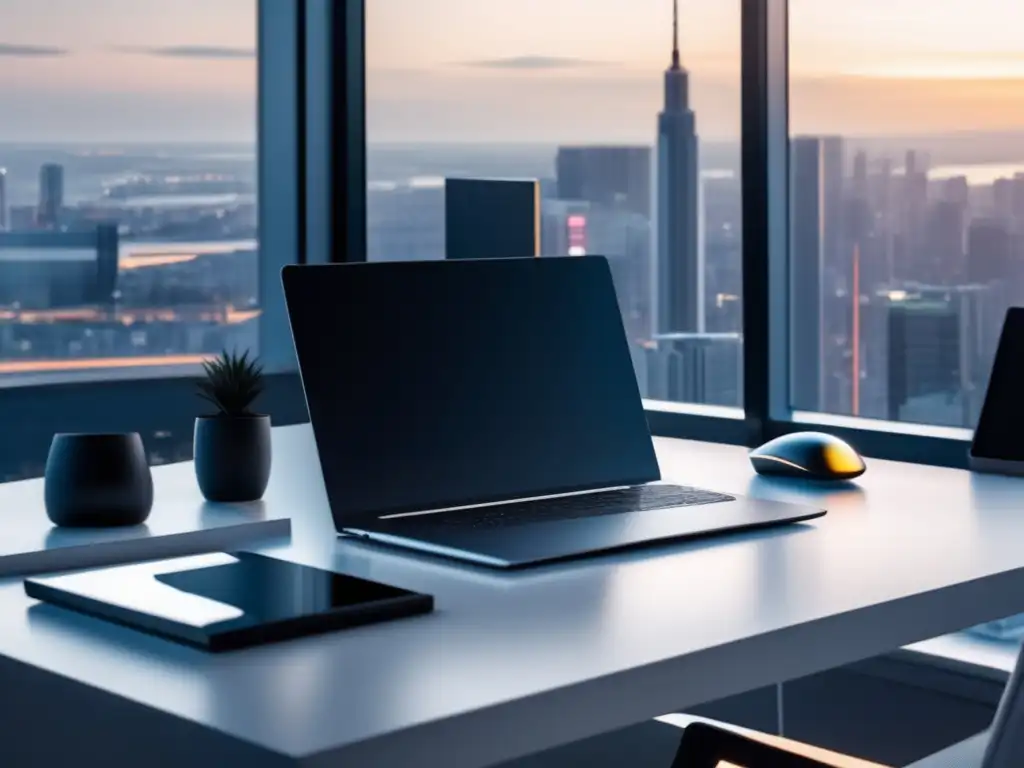 Espacio de trabajo minimalista con vista urbana Espacio de trabajo moderno y minimalista con vista a la ciudad - Contenido efectivo para el marketing de afiliados