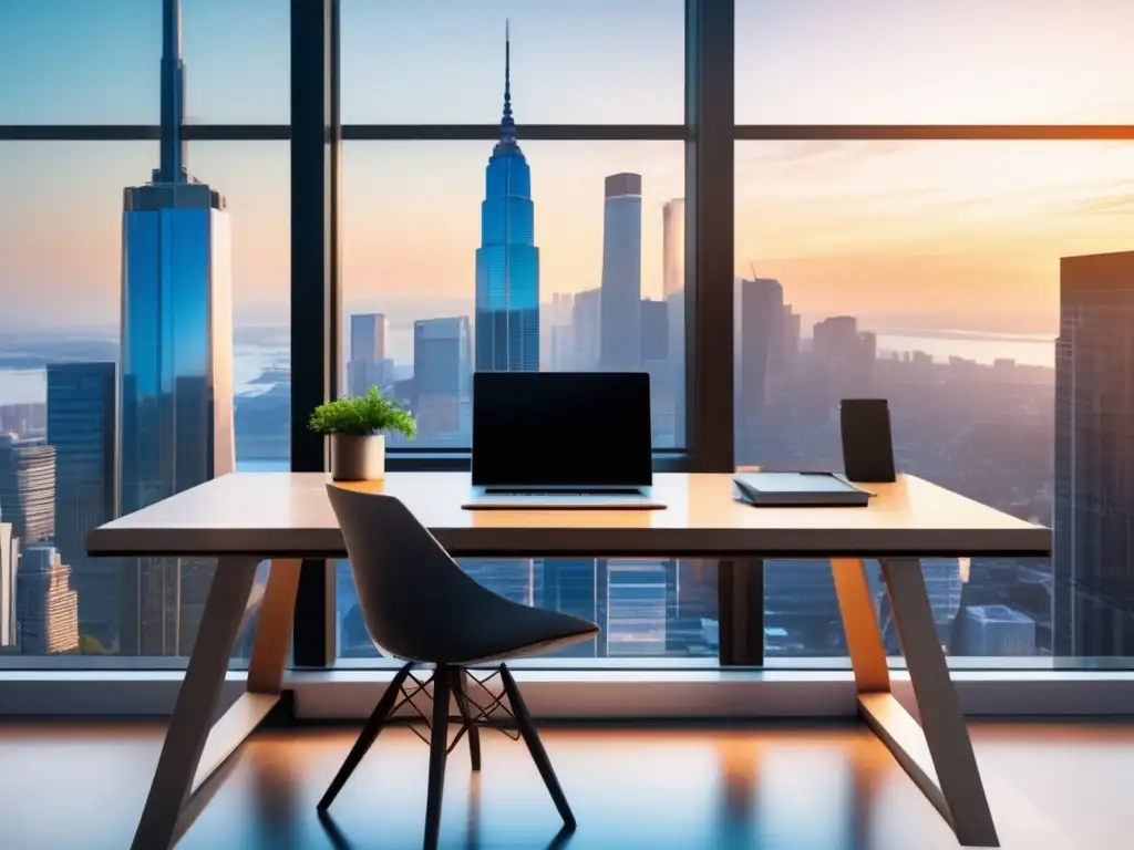 Espacio de trabajo minimalista con vista a la ciudad Espacio de trabajo minimalista con escritorio moderno de madera o vidrio