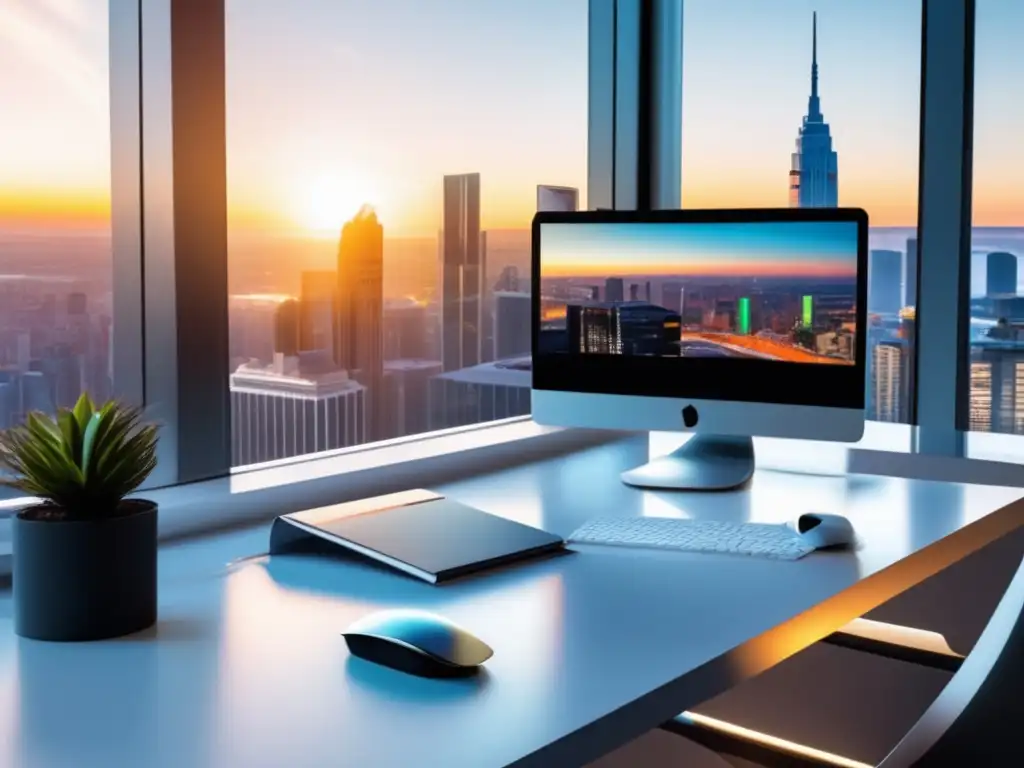 Espacio de trabajo minimalista con vista a la ciudad Estrategias para aumentar ventas en marketing de afiliados: escritorio minimalista con vista urbana