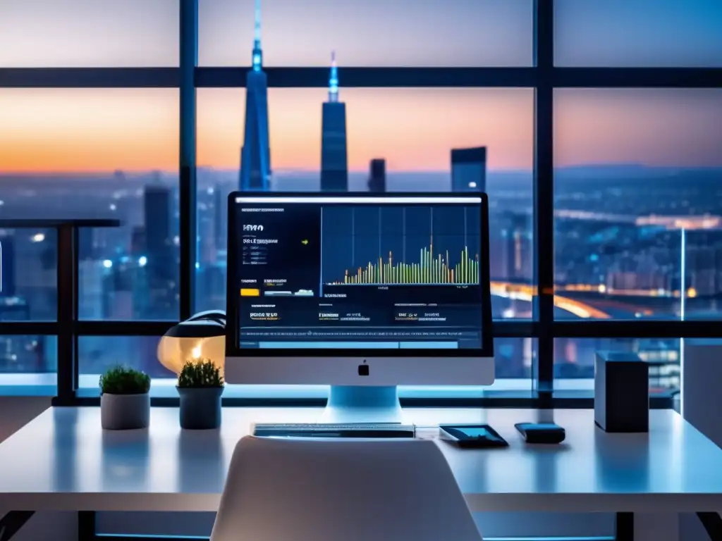 Espacio de trabajo minimalista con vista nocturna de la ciudad Oficina minimalista con ventana y laptop: métricas clave para el rendimiento de campañas de marketing de afiliados
