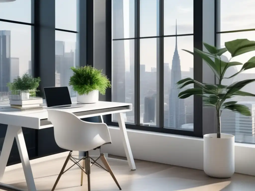 Espacio de trabajo minimalista con vista a la ciudad Espacio de trabajo minimalista con escritorio blanco, ventanales y ciudad