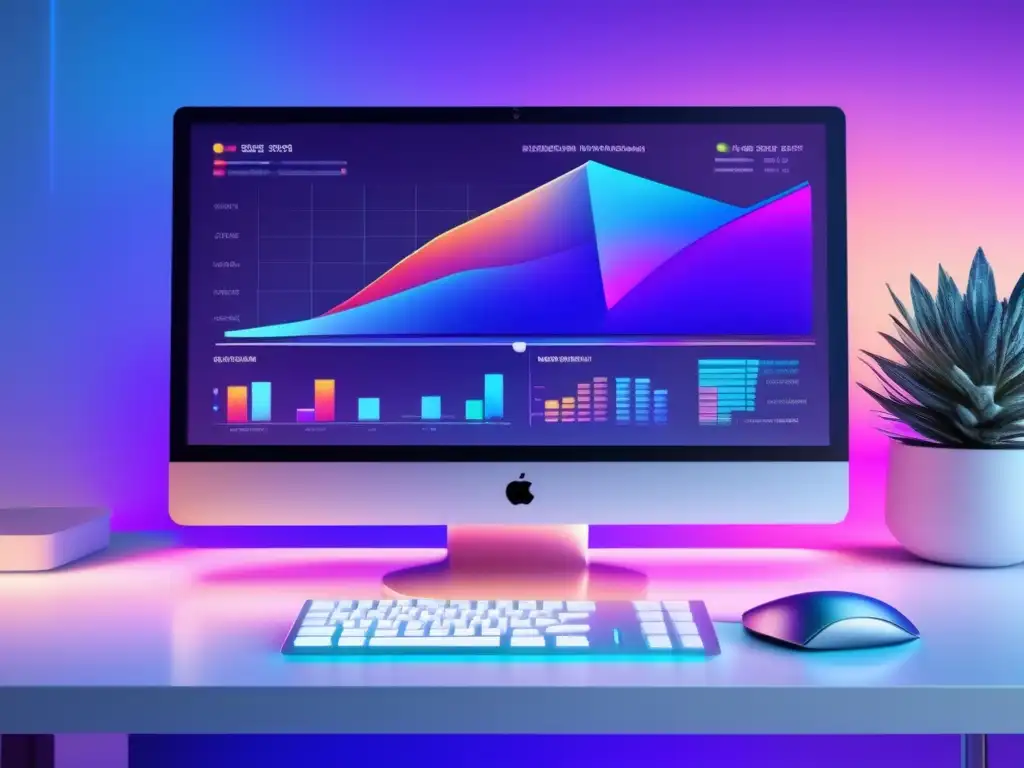 Escritorio minimalista con gráficos de datos Imagen ultradetallada de pantalla de computadora moderna mostrando visualizaciones de datos coloridos y gráficos