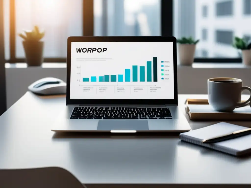 Espacio de trabajo minimalista con escritorio blanco y laptop moderna Escritorio minimalista con laptop, gráfico de progreso y elementos de trabajo, transmitiendo profesionalismo y beneficios en marketing de afiliados
