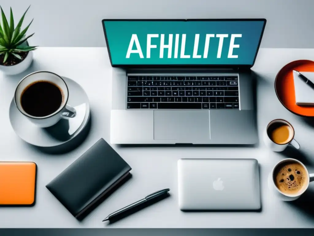 Escritorio minimalista con laptop y elementos de marketing de afiliados Laptop en un escritorio blanco con iconos y conceptos de marketing de afiliados