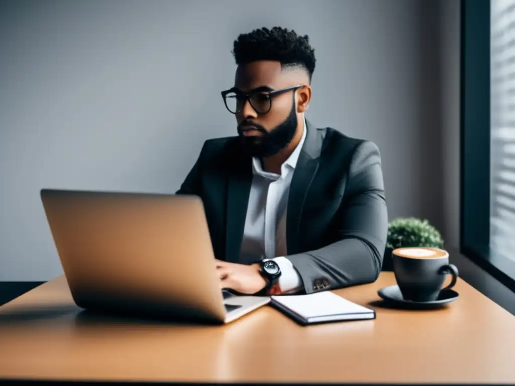 Estrategias avanzadas marketing afiliados: persona profesional enfocada en su laptop en un escritorio minimalista y moderno