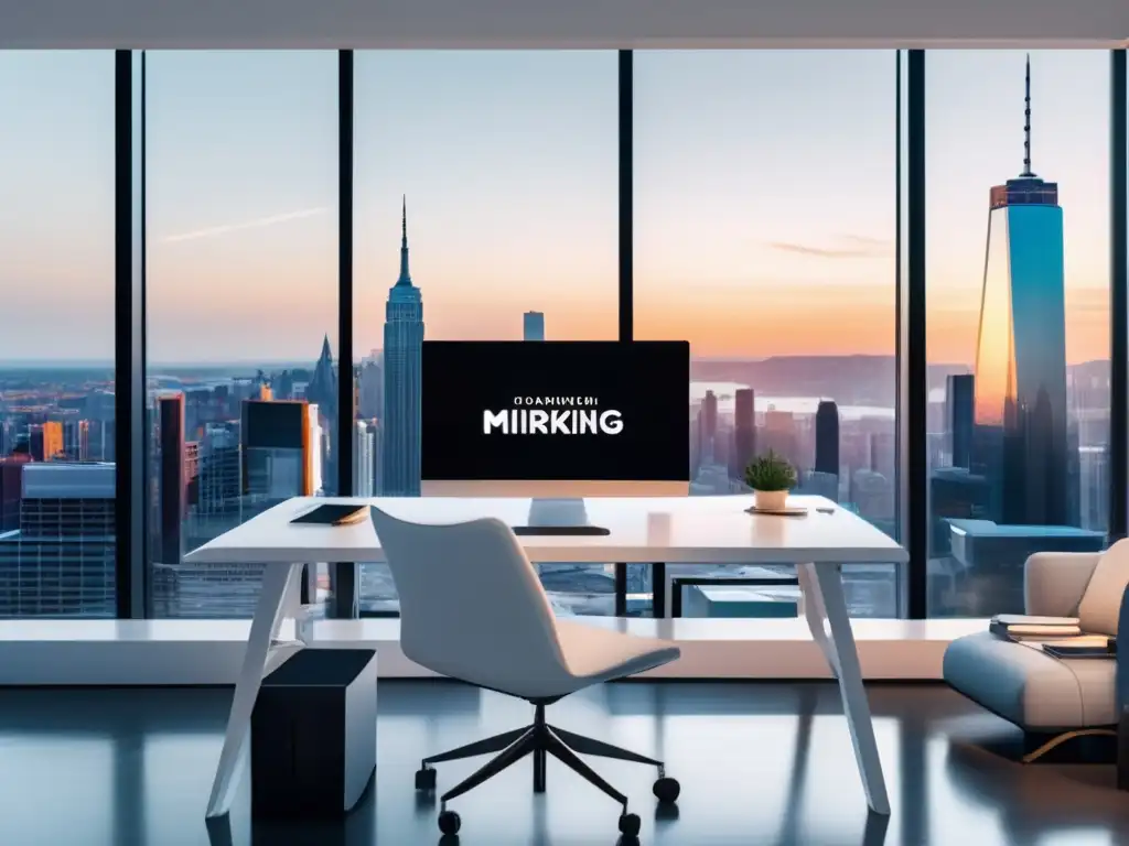 Espacio de trabajo minimalista con vista a la ciudad Espacio de trabajo minimalista con vista panorámica a la ciudad, escritorio blanco con laptop de marketing de afiliados y notas