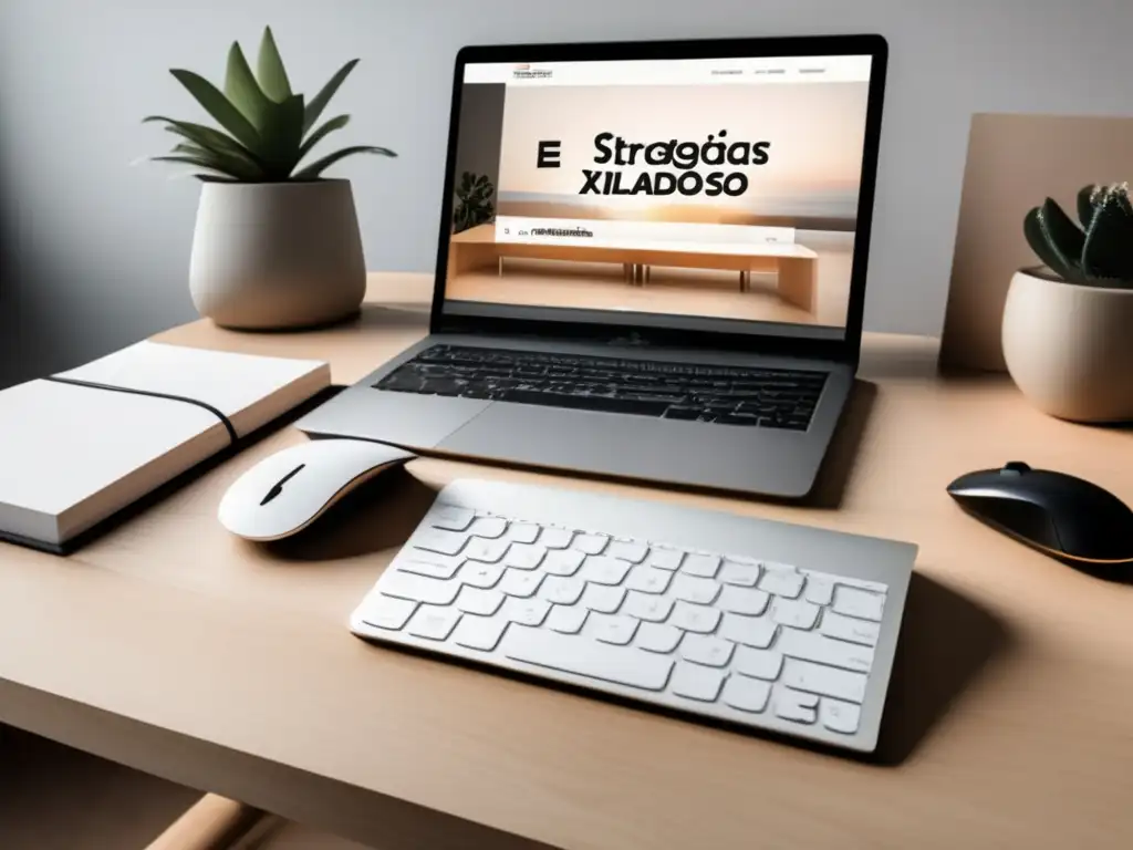 Escritorio minimalista de madera clara con laptop, mouse inalámbrico y libro abierto a 