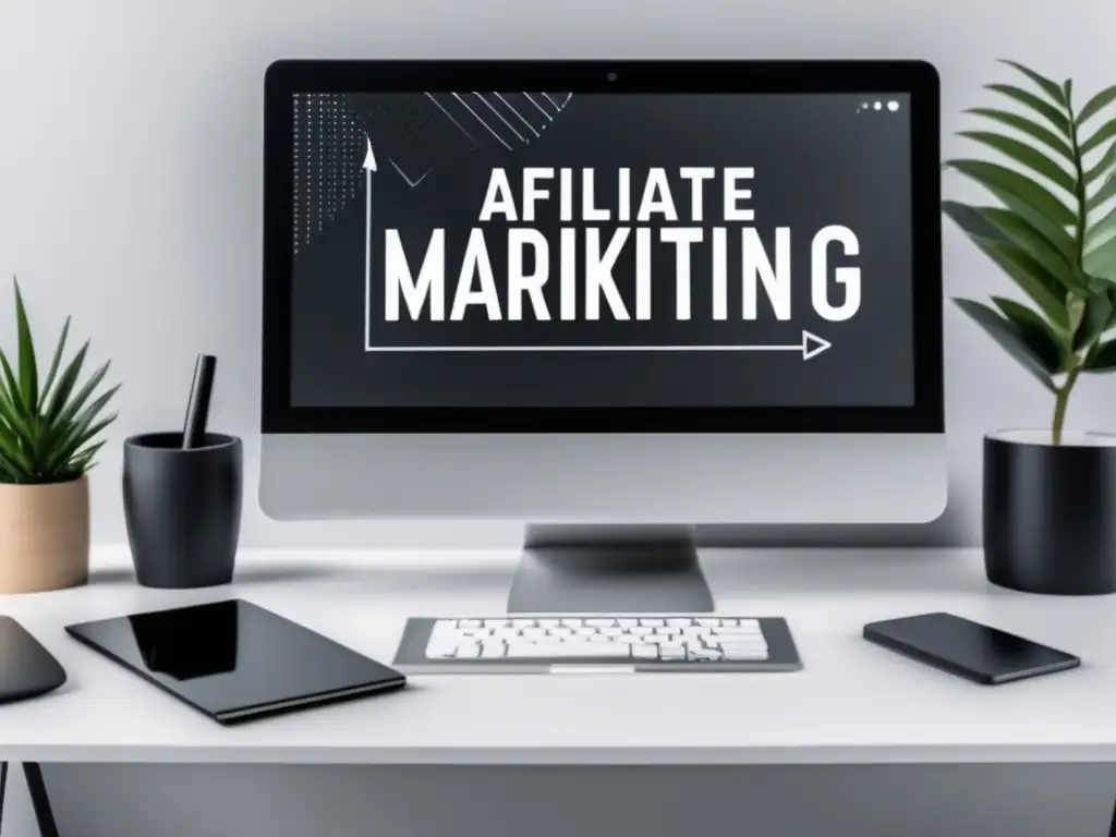 Escritorio minimalista con laptop y gráfico de ganancias Escritorio minimalista con laptop y estrategias básicas para marketing de afiliados