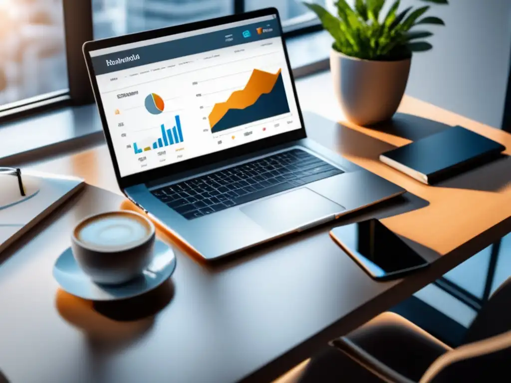 Espacio de trabajo minimalista con análisis de marketing afiliado Imagen de espacio de trabajo minimalista con herramientas para marketing de afiliados