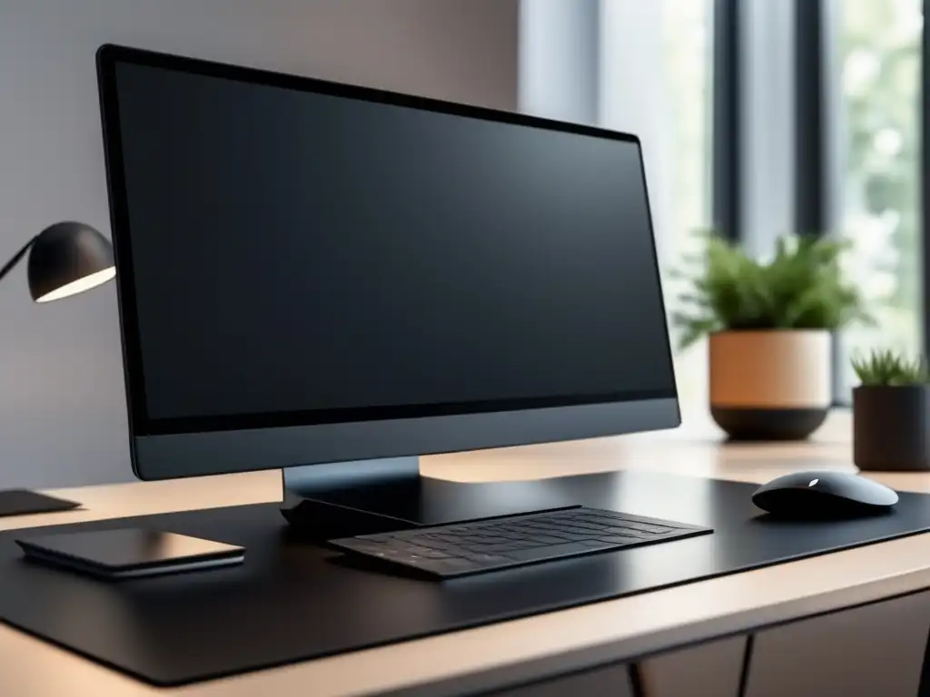 Escritorio minimalista y moderno con laptop de alta resolución Escritorio moderno con laptop, mouse, teclado ergonómico y luz suave - Éxito en marketing de afiliados
