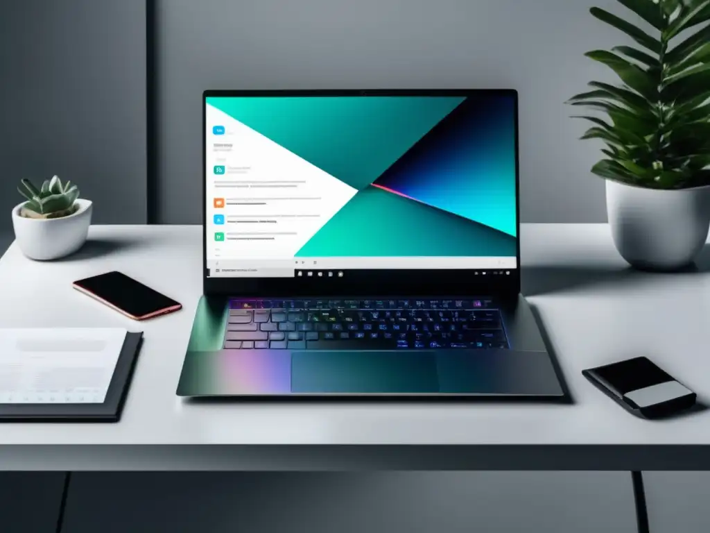 Espacio de trabajo minimalista y profesional Espacio de trabajo minimalista con laptop de alta gama y herramientas de análisis de palabras clave