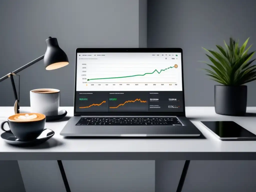 Espacio de trabajo minimalista y eficiente Escritorio minimalista con laptop, gráfica de conversiones y herramientas de optimización para afiliados de marketing