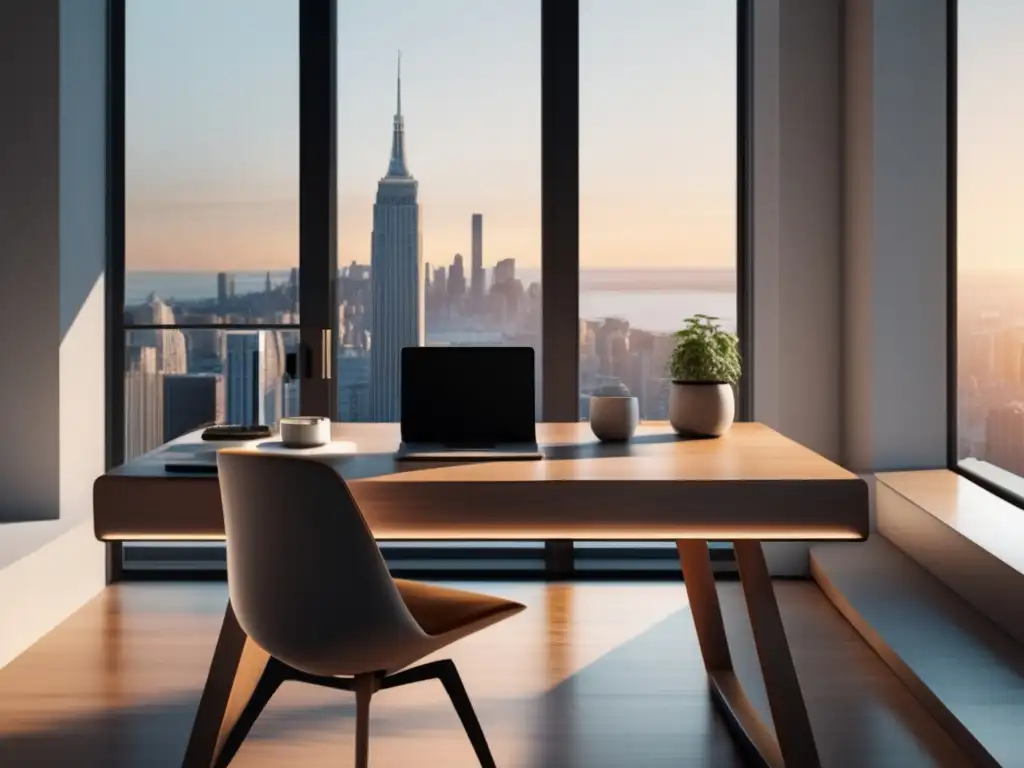 Espacio de trabajo minimalista con escritorio moderno Espacio de trabajo minimalista en 8k con escritorio de madera pulida, laptop, cuaderno y café