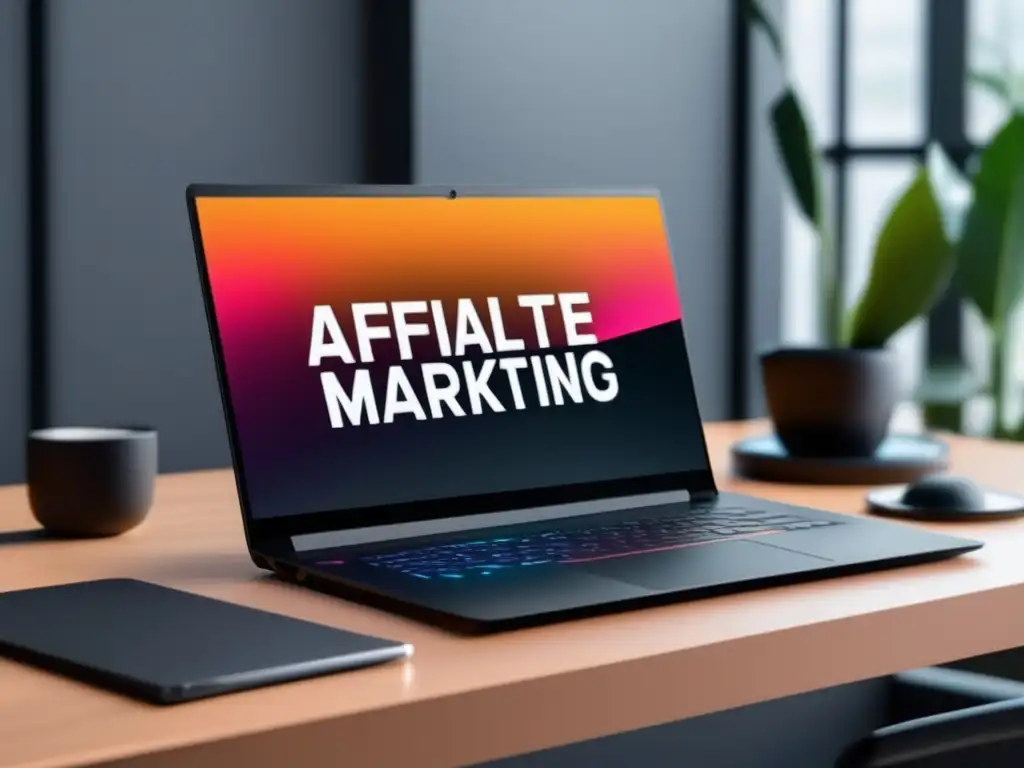 Escritorio minimalista con laptop y accesorios Escritorio minimalista de laptop con detalles en 8K y gráfico de ingresos de marketing de afiliados