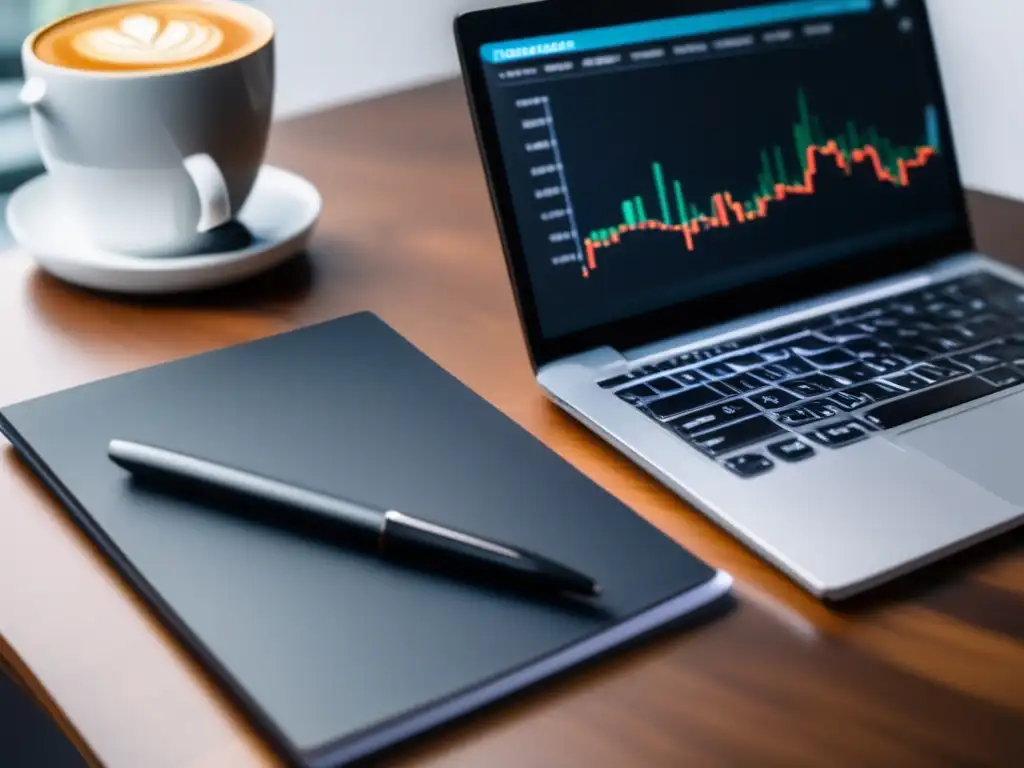 Escritorio minimalista con laptop, cuaderno y café: mejora conversiones en marketing de afiliados para principiantes