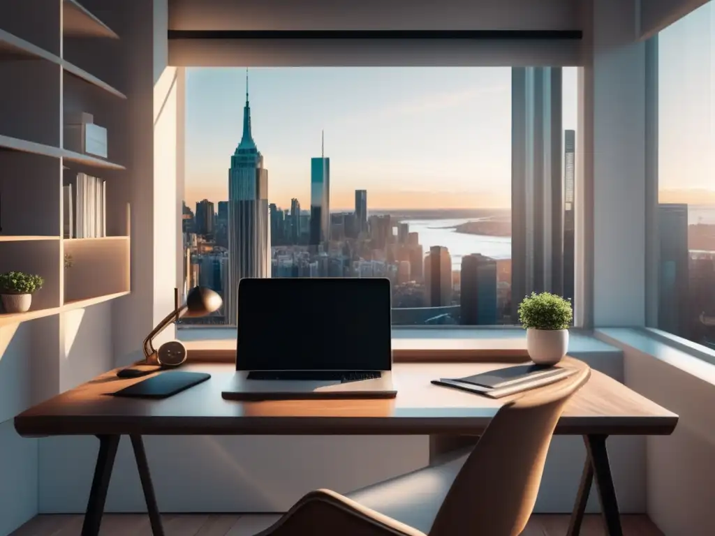 Espacio de trabajo minimalista con vista a la ciudad Escritorio minimalista de madera pulida con laptop, notas y café, con vista a la ciudad