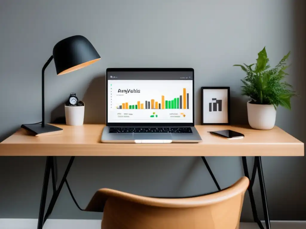 Espacio de trabajo minimalista con escritorio de madera clara Escritorio minimalista con laptop mostrando gráfica de tráfico y conversiones