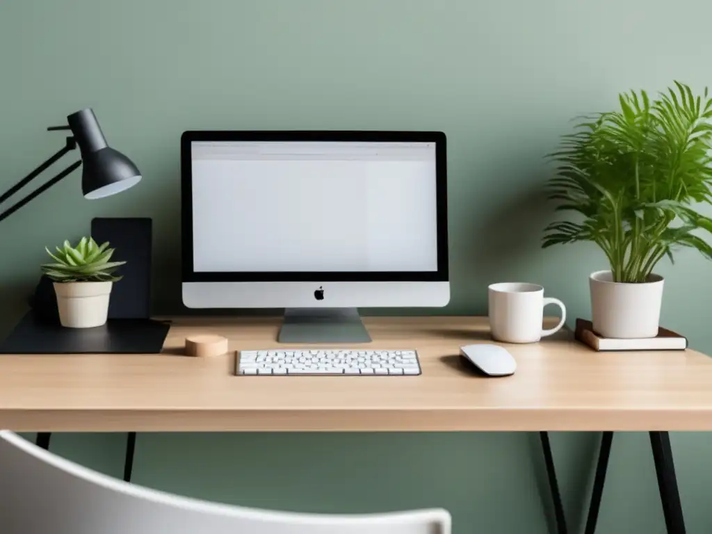 Oficina minimalista con escritorio de madera clara Escritorio minimalista con computadora, teclado inalámbrico, planta y vista a la ciudad