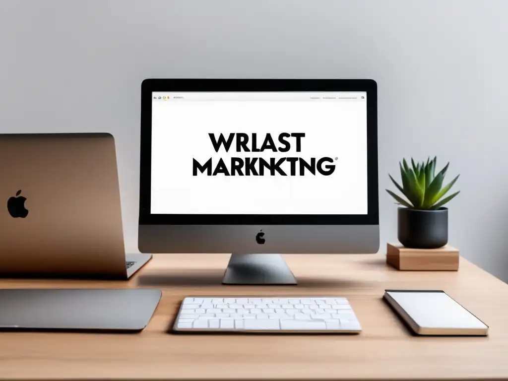 Espacio de trabajo minimalista y organizado con escritorio de madera pulida Espacio de trabajo minimalista con escritorio de madera pulida, estrategias de contenido para marketing de afiliados