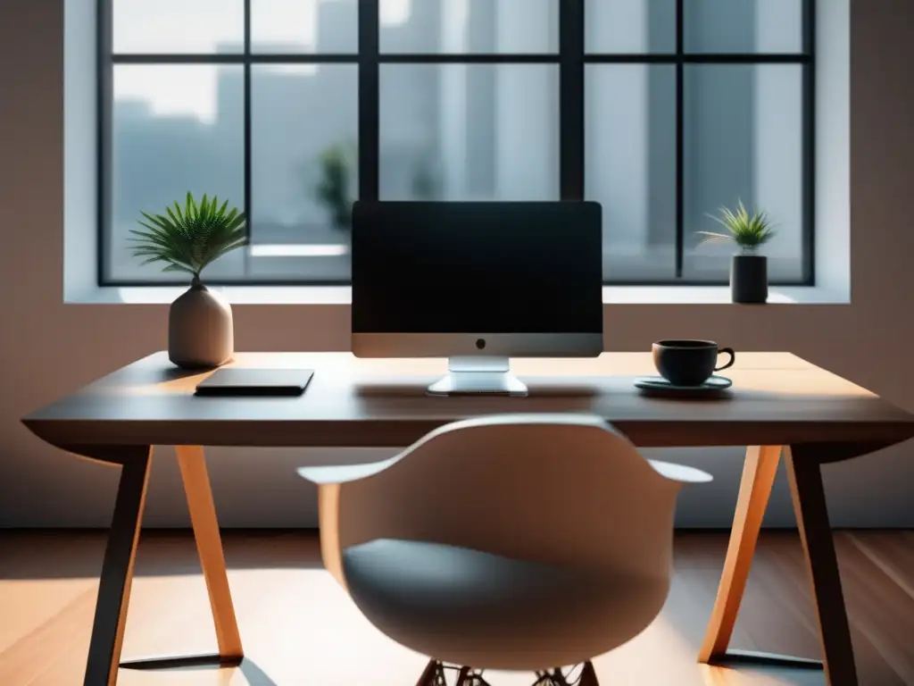 Espacio de trabajo minimalista con escritorio de madera pulida Espacio de trabajo minimalista con escritorio de madera pulida, laptop, cuaderno y taza de café