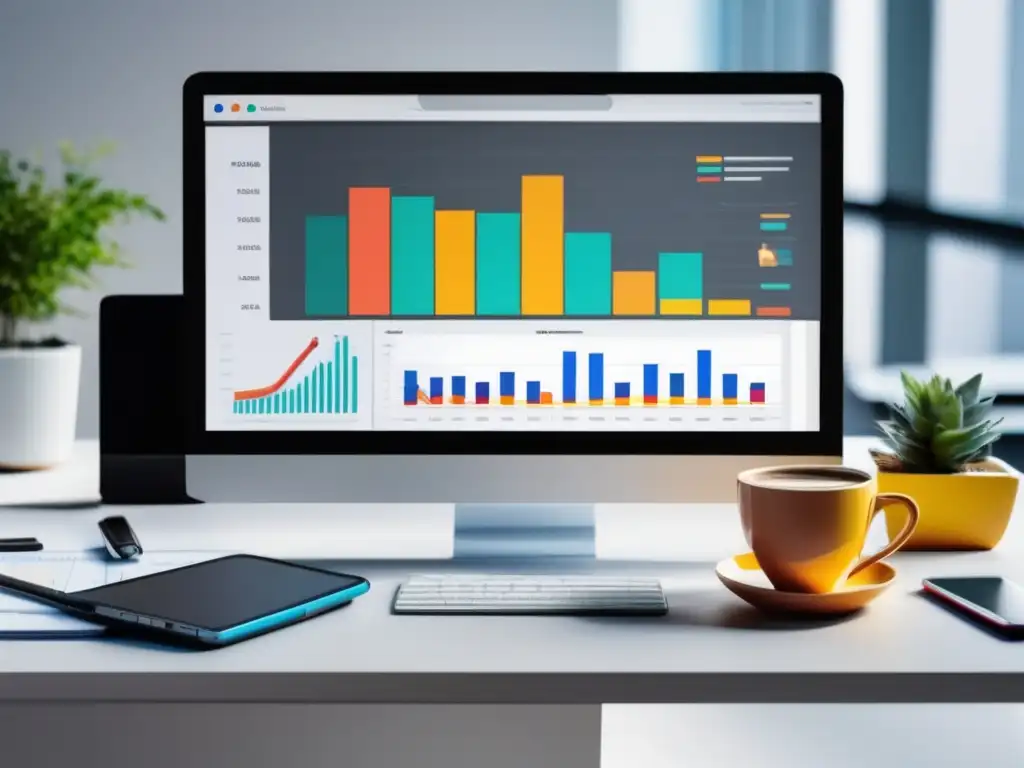 Escritorio minimalista y moderno con herramientas de marketing Escritorio blanco con laptop, herramientas de optimización para afiliados de marketing y ambiente productivo