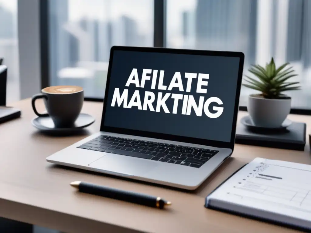Espacio de trabajo minimalista y moderno Escritorio minimalista con laptop, cuaderno y café, reflejando el marketing de afiliados