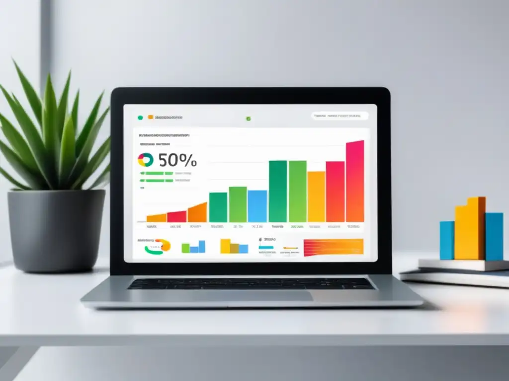 Escritorio blanco con laptop y dashboard de afiliados Configuración minimalista de laptop con dashboard de marketing de afiliados y estrategias para mejorar la tasa de conversión