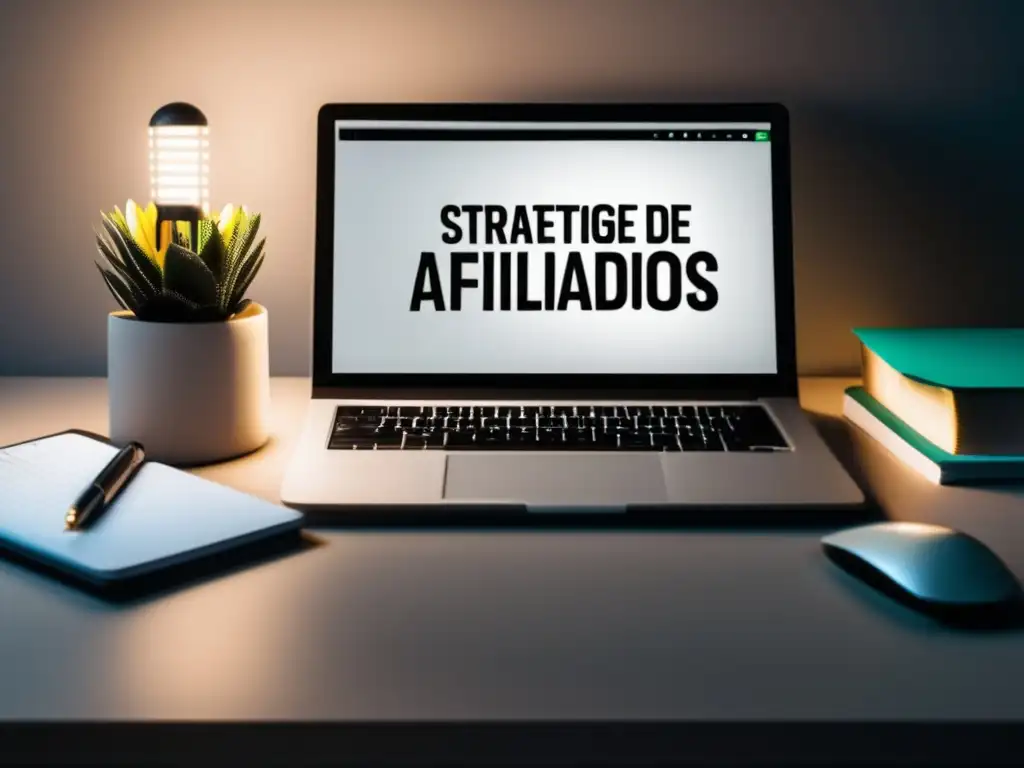 Escritorio minimalista de marketing de afiliados Escritorio minimalista con laptop, libros de marketing de afiliados y notas