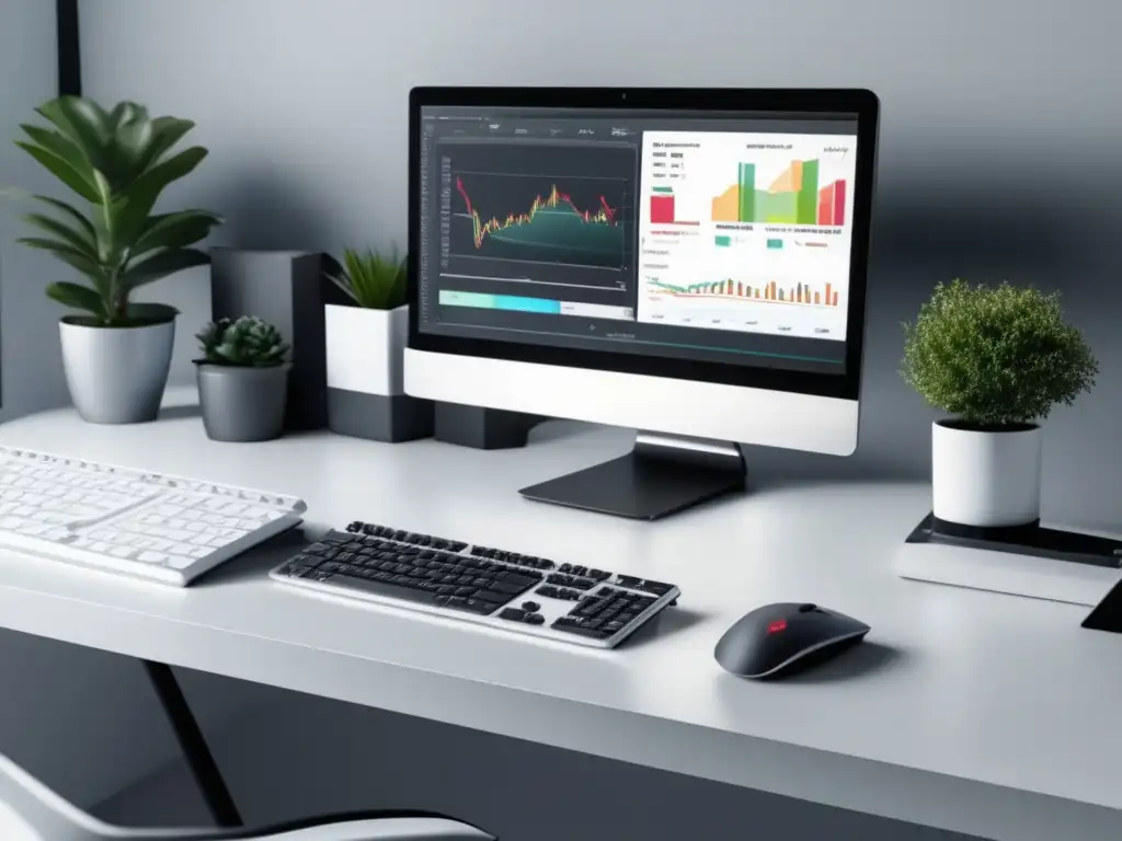 Escritorio minimalista con gráficos de marketing de afiliados Imagen de escritorio minimalista con monitor, teclado y ratón inalámbricos, estrategias avanzadas de marketing de afiliados, profesionalidad y enfoque