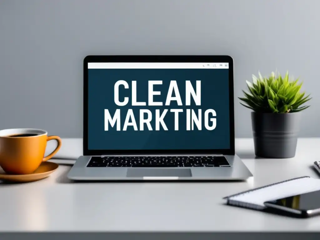 Escritorio minimalista de trabajo con laptop, notepad y café Estrategias de marketing de afiliados para principiantes en una imagen minimalista y moderna