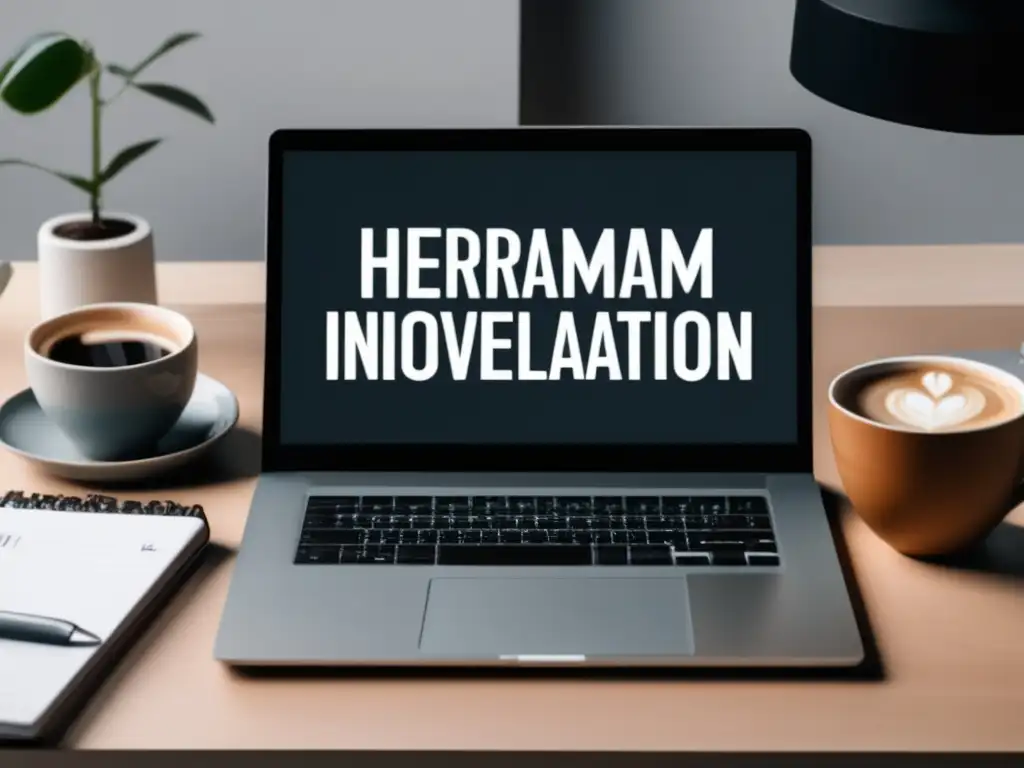 Escritorio minimalista para marketing de afiliados Escritorio minimalista con laptop, herramientas efectivas para el marketing de afiliados, análisis de competencia y nichos de mercado