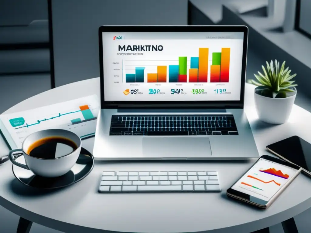 Escritorio minimalista para principiantes en marketing de afiliados Oficina minimalista con laptop, libros legales y gafas: Leyes y regulaciones para principiantes en marketing de afiliados