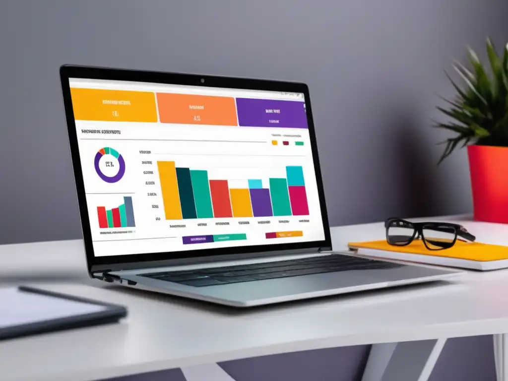 Escritorio minimalista con laptop y gráficos de marketing digital Diseño minimalista con laptop en escritorio blanco, dashboard de marketing y elementos profesionales