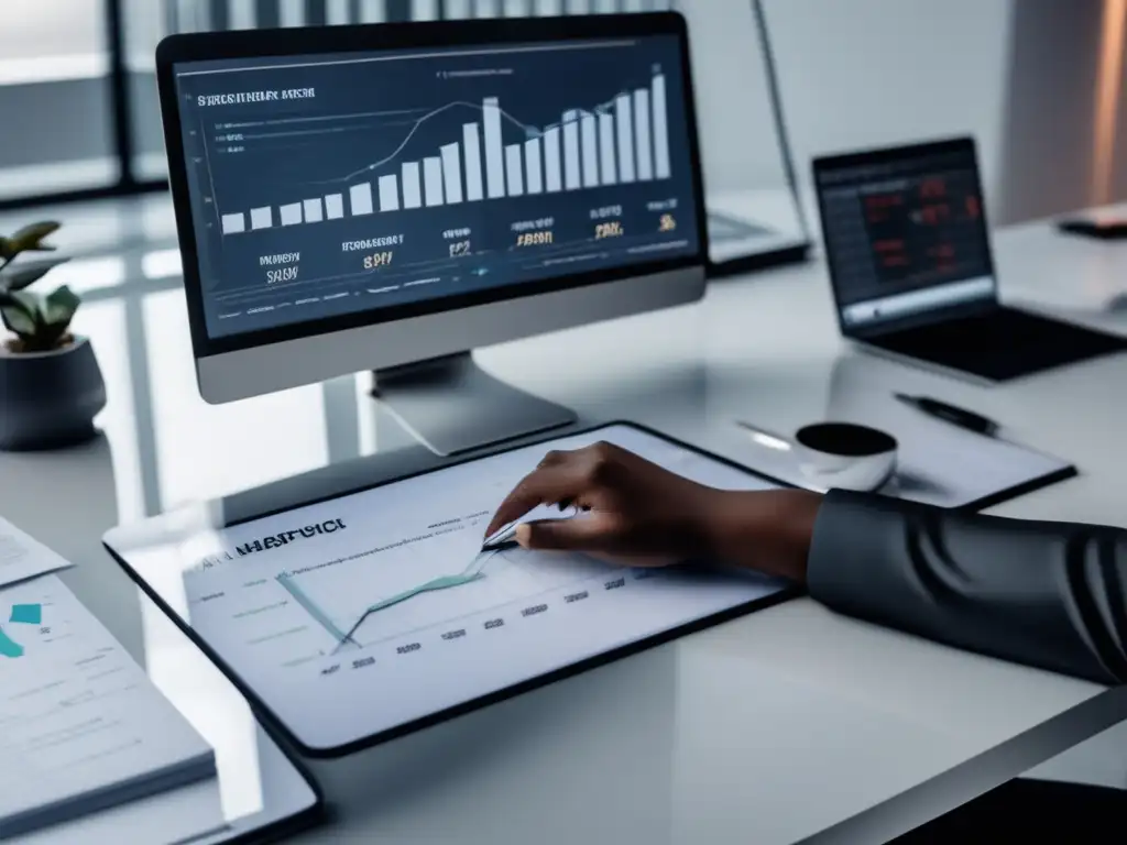 Espacio de trabajo minimalista con escritorio de mármol blanco y monitor de alta tecnología Espacio de trabajo minimalista: mejores prácticas legales y éticas para maximizar ganancias en marketing de afiliados