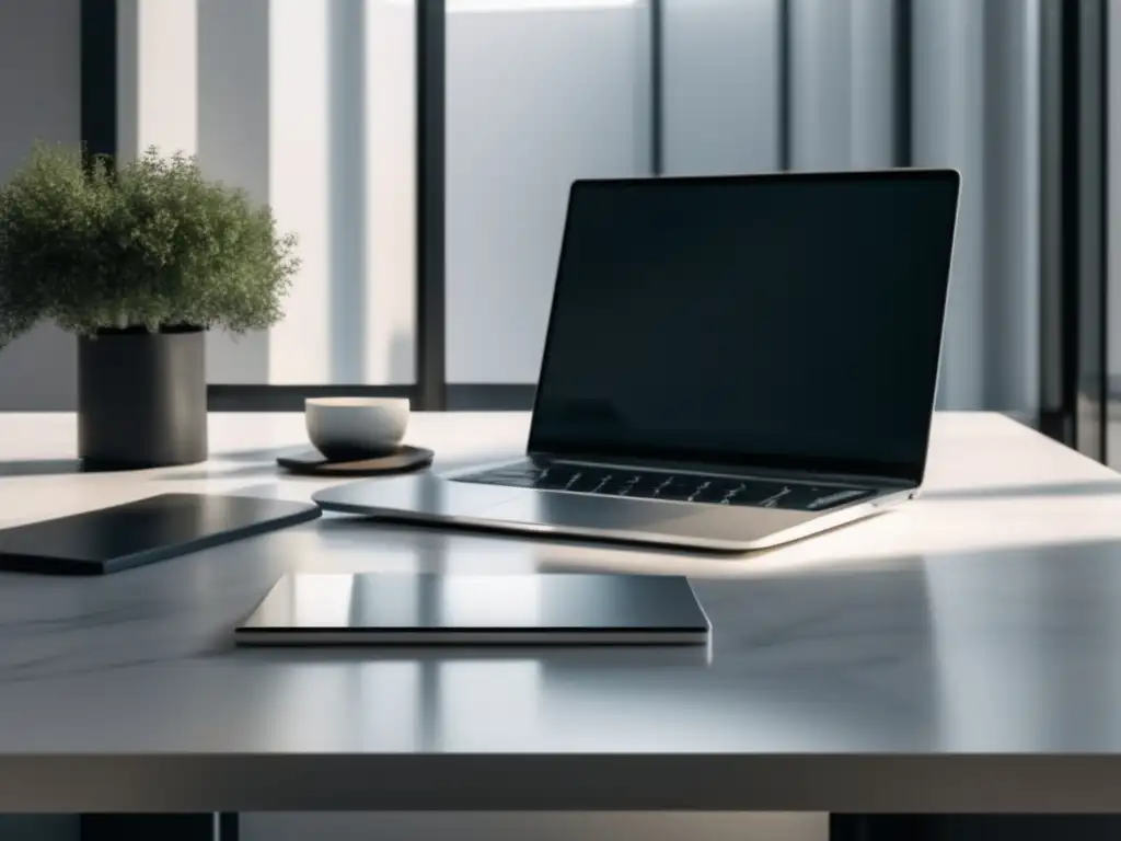 Espacio de trabajo minimalista y productivo Espacio de trabajo minimalista con escritorio de mármol blanco pulido, iluminado por luz natural