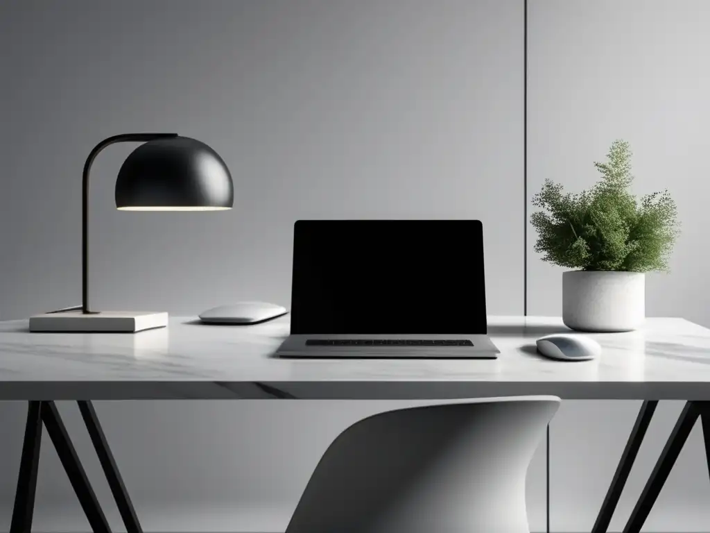 Escritorio minimalista con laptop y vista a la ciudad Espacio de trabajo minimalista con escritorio de mármol blanco, laptop, mouse inalámbrico y vista de la ciudad