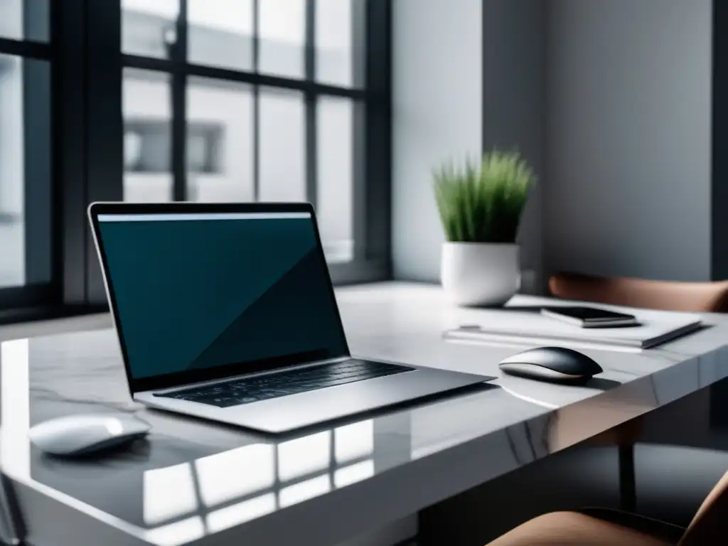 Espacio de trabajo minimalista y elegante Espacio de trabajo minimalista con escritorio de mármol blanco, laptop plateada, ratón inalámbrico y vista de ciudad al fondo