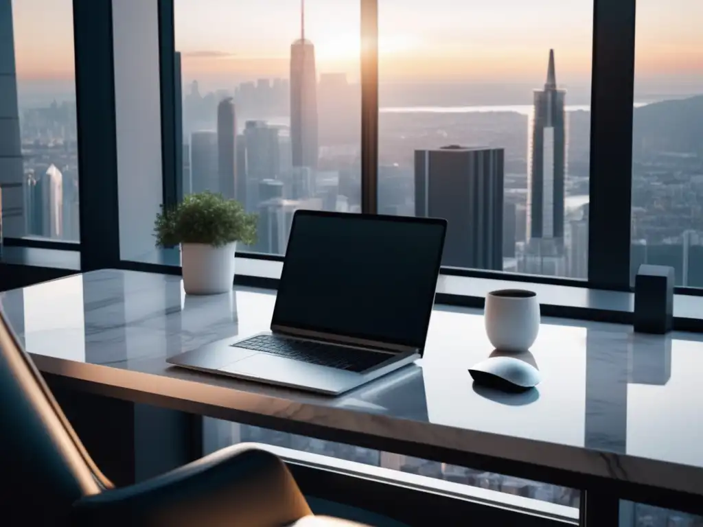 Espacio de trabajo minimalista con elegante escritorio de mármol blanco Escritorio minimalista en mármol blanco con laptop, mouse inalámbrico y vista de ciudad