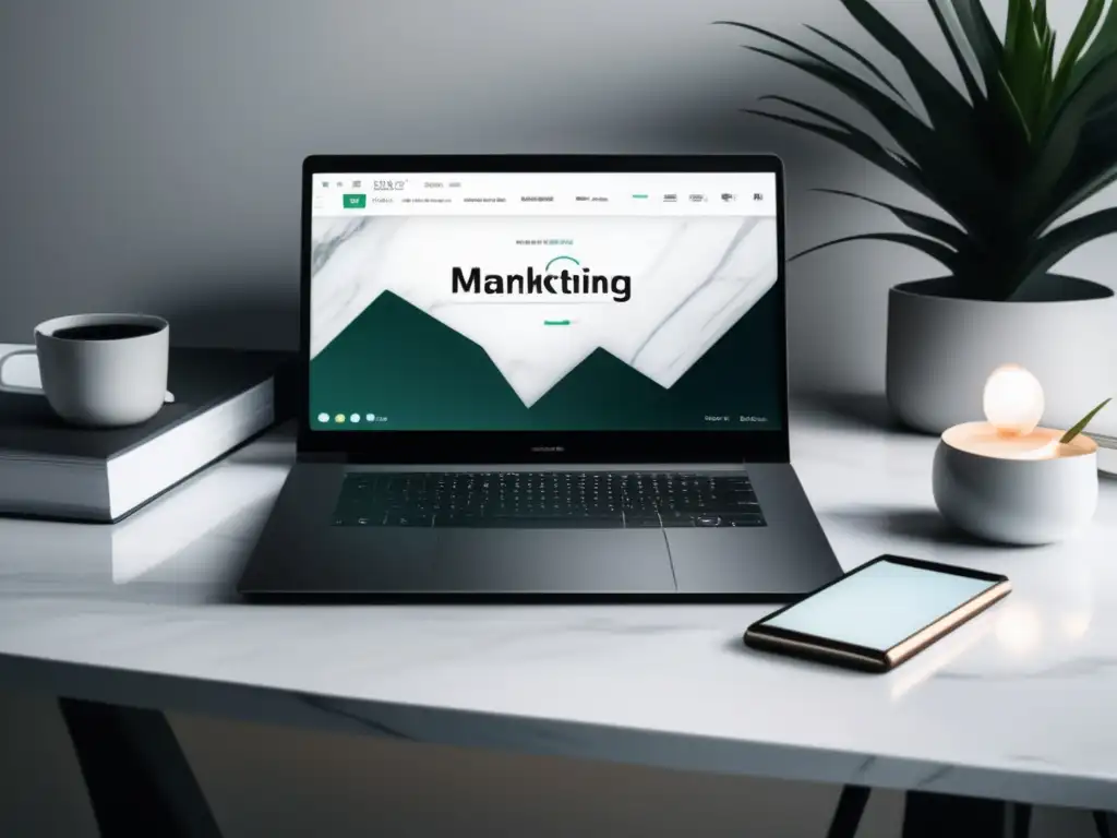 Escritorio minimalista y moderno con laptop y gráfica de marketing ético Escritorio minimalista con prácticas de marketing de afiliados éticas y profesionales