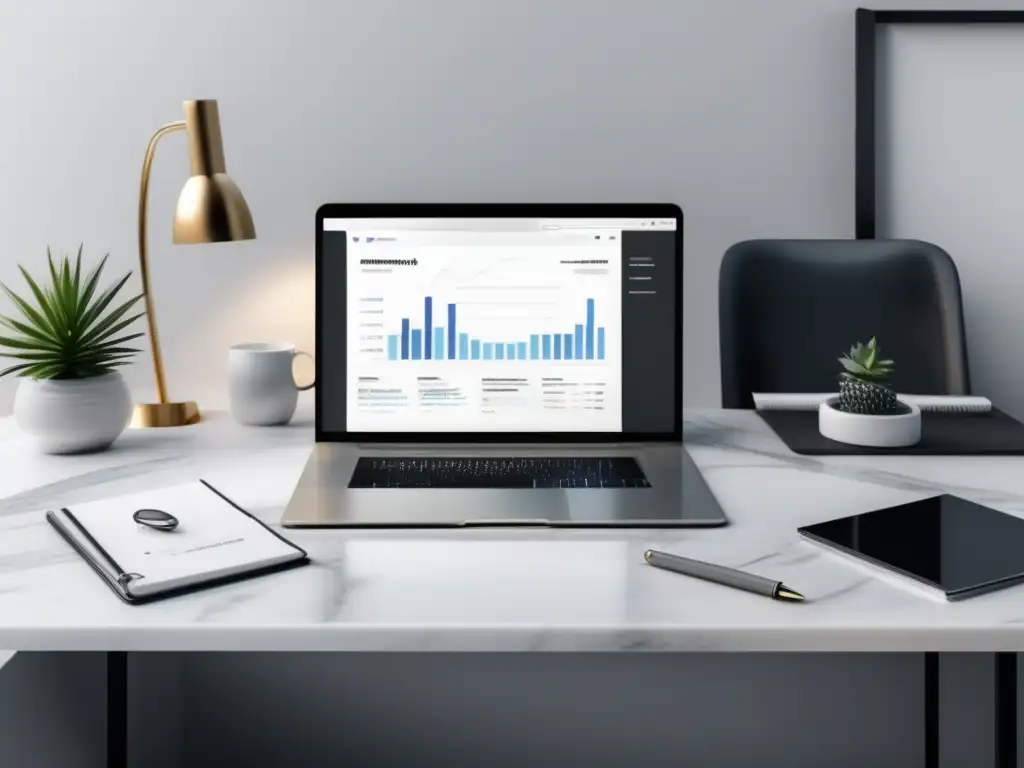 Espacio de trabajo minimalista con escritorio de mármol blanco Espacio de trabajo minimalista con escritorio de mármol blanco pulido, laptop plateada y notas sobre prácticas éticas de marketing de afiliados