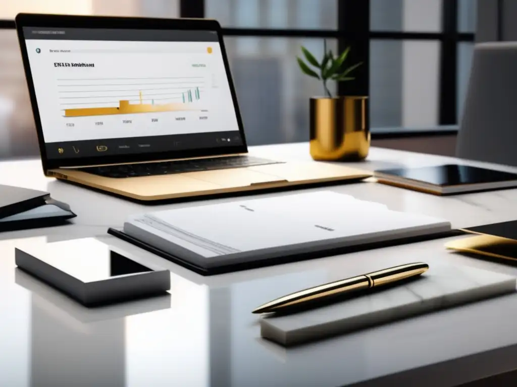 Escritorio minimalista con enfoque ético Escritorio minimalista y ético de mármol blanco con estadísticas de marketing de afiliados y organización impecable