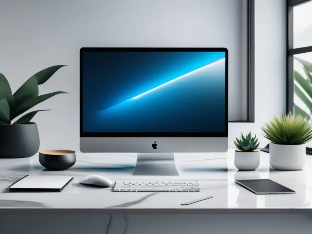 Elegante espacio de trabajo con laptop de alta gama Escritorio minimalista con laptop de alta gama y herramientas de marketing de afiliados
