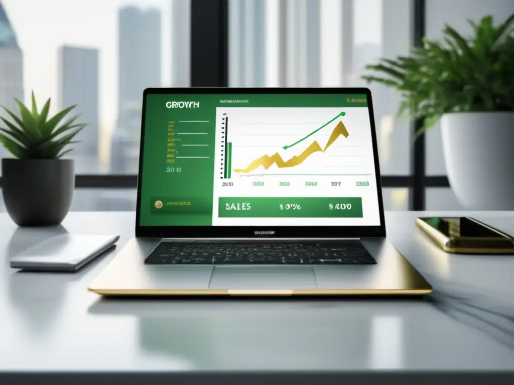 Espacio de trabajo moderno y sofisticado Espacio de trabajo moderno con escritorio de mármol blanco, laptop plateada y dorada mostrando gráfico de crecimiento en marketing de afiliados