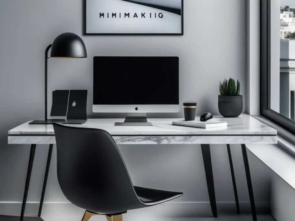Escena minimalista con escritorio de mármol blanco, laptop plateada mostrando contenido de marketing de afiliados