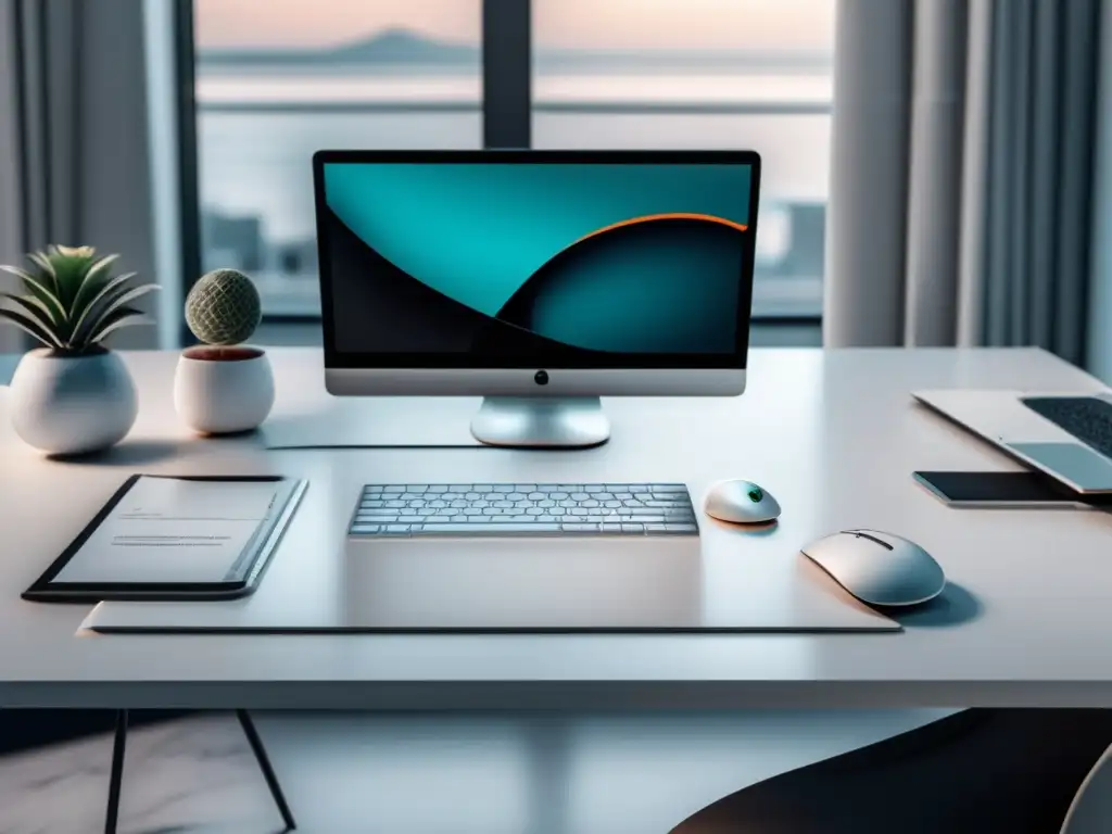 Escritorio minimalista y moderno con laptop, teclado y notas de marketing - Escritorio minimalista con herramientas SEO para marketing de afiliados