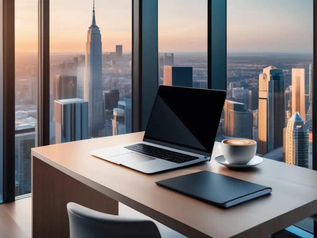Escritorio moderno y minimalista en una oficina Oficina minimalista con escritorio de madera clara y vista panorámica de ciudad, ideal para estrategias de marketing de afiliados