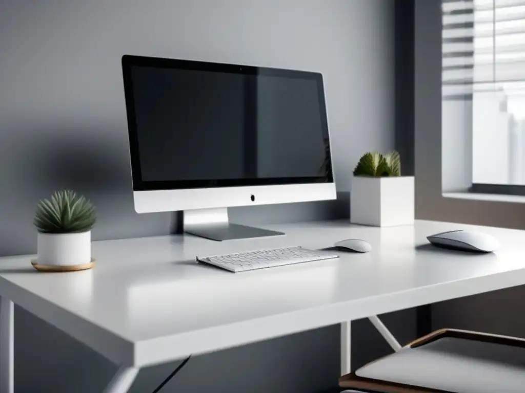 Eficiencia y productividad en un escritorio minimalista Escritorio minimalista con laptop, smartphone y monitor: herramientas de automatización para marketing de afiliados